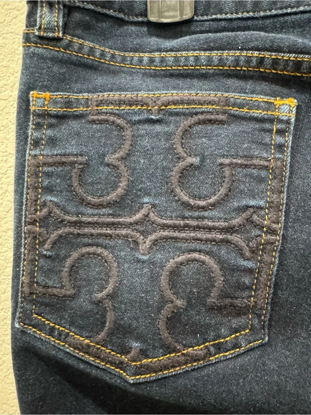 Tory Burch Skinny Jeans Womens 29 Dark Blue Embroidered Logo Back Pockets